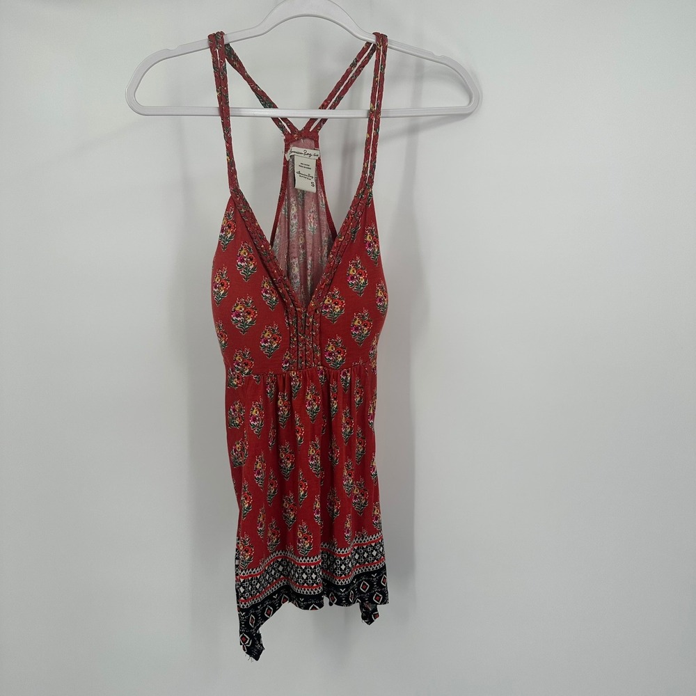 Women Boho Floral Babydoll Top Size S Y2K Festival Handkerchief Hem Strappy Back